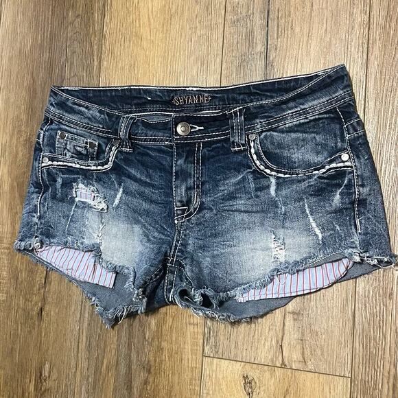 Shyanne Denim Shorts Womens 29 Blue Low Rise Raw Hem Distressed Stretch Bling - Picture 2 of 6